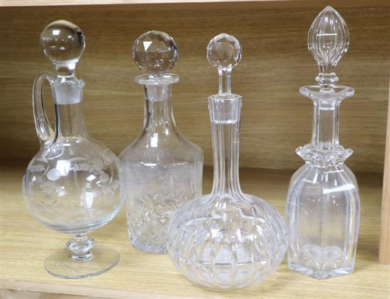 Three various cut glass decanters and stoppers and a similar claret jug and stopper(4), tallest 31cm